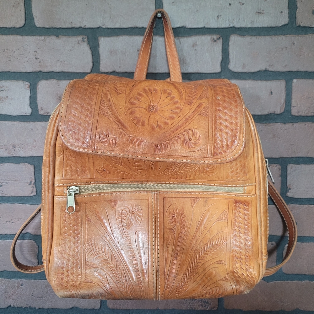 Hand Tooled Leather Mini Backpack Embossed Western Bag